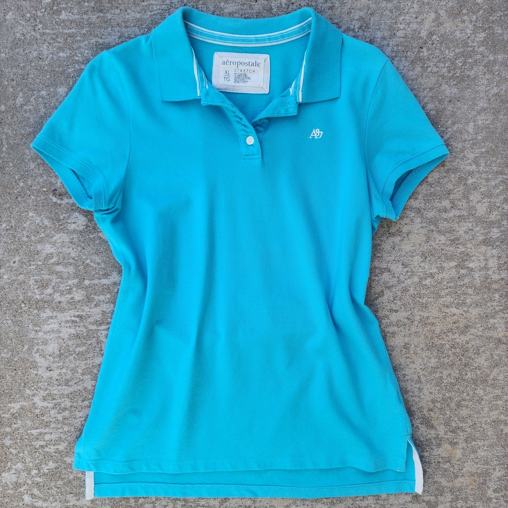 Y2K 2000s Aero Aeropostale Short Sleeve Bright Aqua Blue‎ Polo T-Shirt, Sz XL
